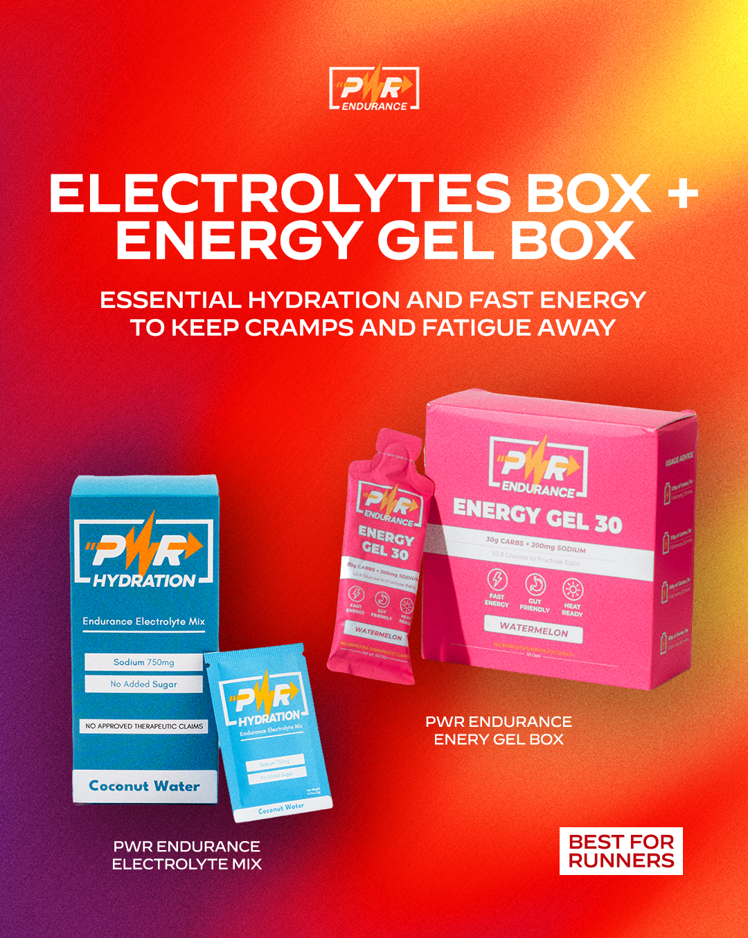 PWR Runners Fuel & Hydration Pack | Electrolyte Mix Box (Coconut Water) + Energy Gel 30 Box (Watermelon)