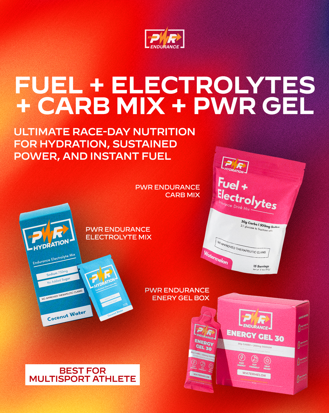 PWR Multisport Athlete Complete Nutrition Bundle | Fuel + Carb Mix + Electrolyte Box + Energy Gel Box